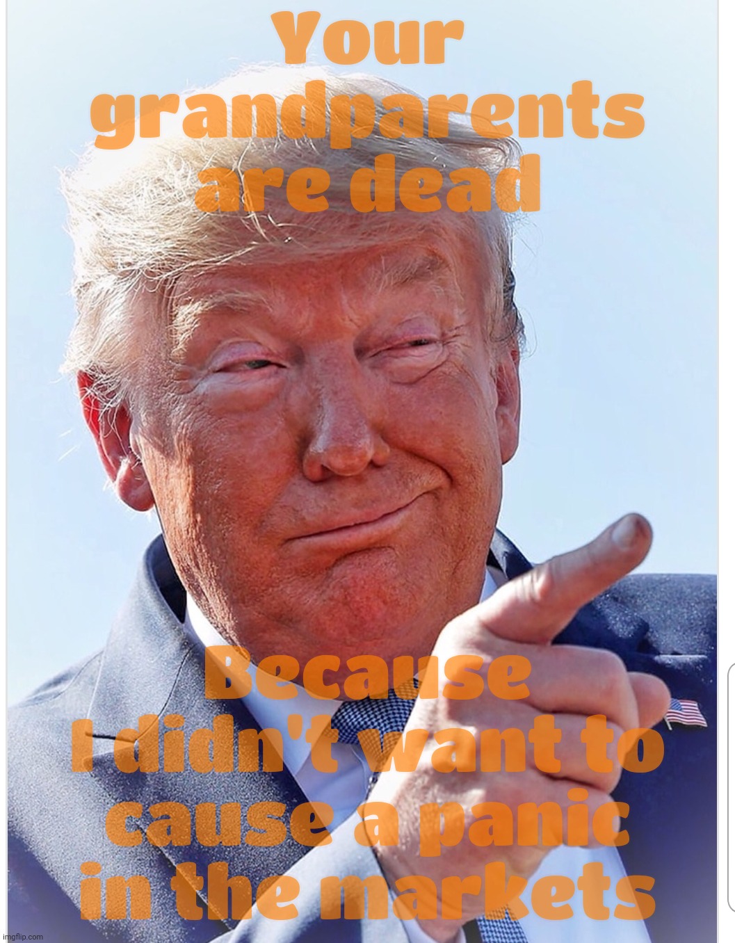 Pandemic, plannedemic, scamdemic... The nickname of the week because Trump cared more about panic in the markets than the dying | Your grandparents are dead; Because
I didn't want to cause a panic in the markets | image tagged in trump pointing,don't want to create a panic,save the markets,the heck with granny,priorities,warp speed to the grave | made w/ Imgflip meme maker