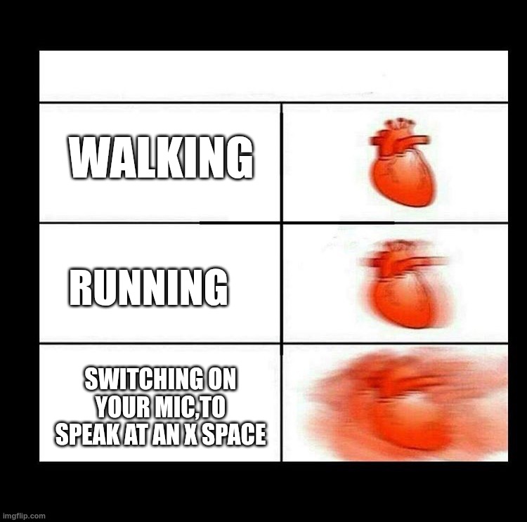 Newbies On X, Can you relate... | WALKING; RUNNING; SWITCHING ON YOUR MIC,TO SPEAK AT AN X SPACE | image tagged in heart beating faster,twitter,microphone | made w/ Imgflip meme maker