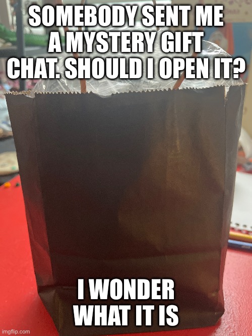 Mystery gift | SOMEBODY SENT ME A MYSTERY GIFT CHAT. SHOULD I OPEN IT? I WONDER WHAT IT IS | made w/ Imgflip meme maker
