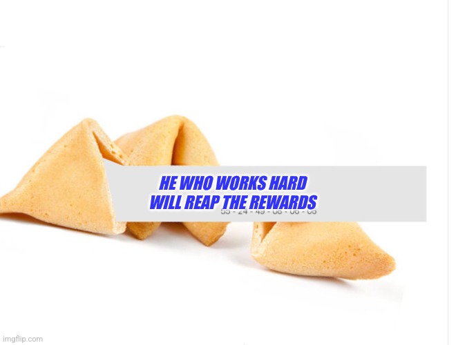 Work hard | HE WHO WORKS HARD WILL REAP THE REWARDS | image tagged in fortune cookie,funny memes | made w/ Imgflip meme maker