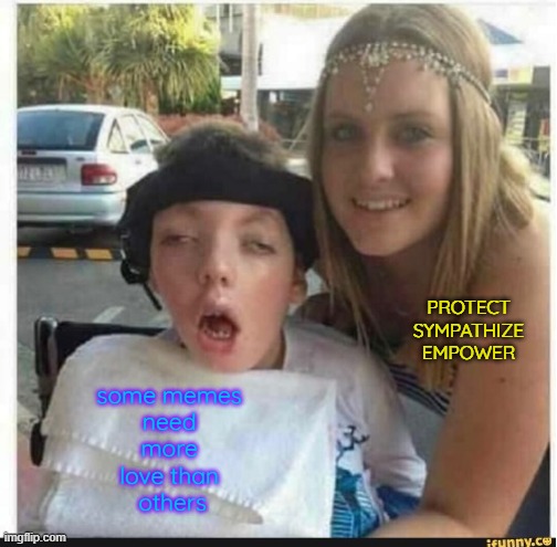 Special Needs Memes | PROTECT
SYMPATHIZE
EMPOWER; some memes 
need 
more 
love than 
others | image tagged in handicap,when the meme is that sucky | made w/ Imgflip meme maker