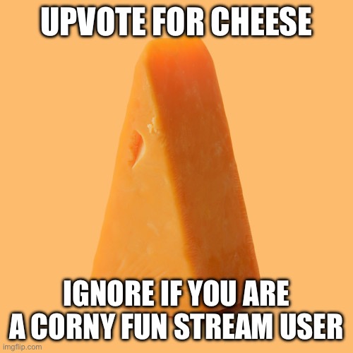Upvote this cheese for no reason | UPVOTE FOR CHEESE; IGNORE IF YOU ARE A CORNY FUN STREAM USER | image tagged in upvote this cheese for no reason | made w/ Imgflip meme maker