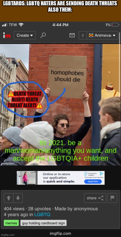 Hypocrisy | LGBTARDS: LGBTQ HATERS ARE SENDING DEATH THREATS
ALSO THEM:; ⚠️DEATH THREAT ALERT! DEATH THREAT ALERT!⚠️ | image tagged in exposed | made w/ Imgflip meme maker