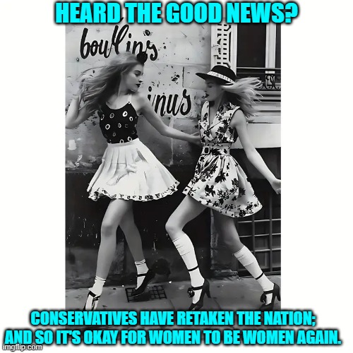 You can be anything you want to be . . . even women. | HEARD THE GOOD NEWS? CONSERVATIVES HAVE RETAKEN THE NATION; AND SO IT'S OKAY FOR WOMEN TO BE WOMEN AGAIN. | image tagged in yep | made w/ Imgflip meme maker