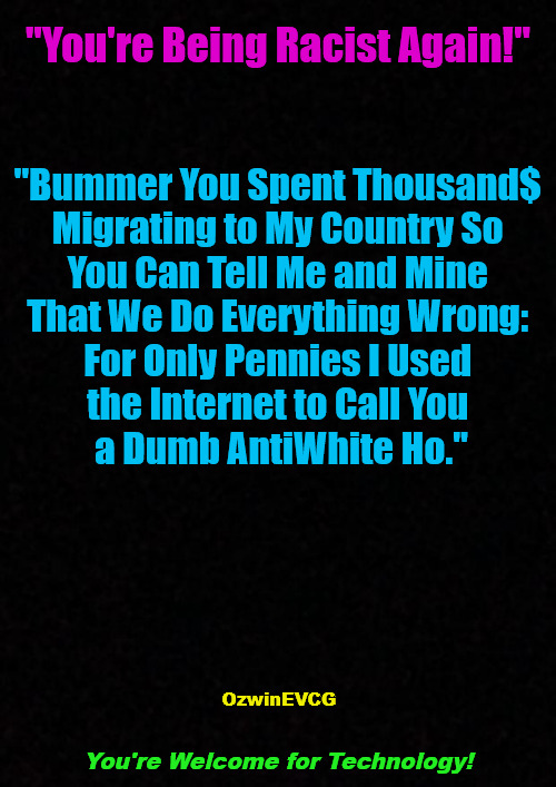 You're Welcome for Technology! | "You're Being Racist Again!"; "Bummer You Spent Thousand$ 

Migrating to My Country So 

You Can Tell Me and Mine 

That We Do Everything Wrong: 

For Only Pennies I Used 

the Internet to Call You 

a Dumb AntiWhite Ho."; OzwinEVCG; You're Welcome for Technology! | image tagged in clown world,white people,nonwhite people,antiwhite,double standards,misused and overused words | made w/ Imgflip meme maker