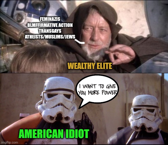 FEMINAZIS BLMFFIRMATIVE ACTION TRANSGAYS ATHEISTS/MUSLIMS/JEWS; WEALTHY ELITE; I WANT TO GIVE YOU MORE POWER; AMERICAN IDIOT | image tagged in memes,these aren't the droids you were looking for | made w/ Imgflip meme maker