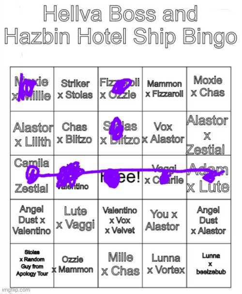 Hey, I got a bingo! Also, am I the only one wondering why HuskerDust isn't on here? | image tagged in hellva boss and hazbin hotel ship bingo | made w/ Imgflip meme maker