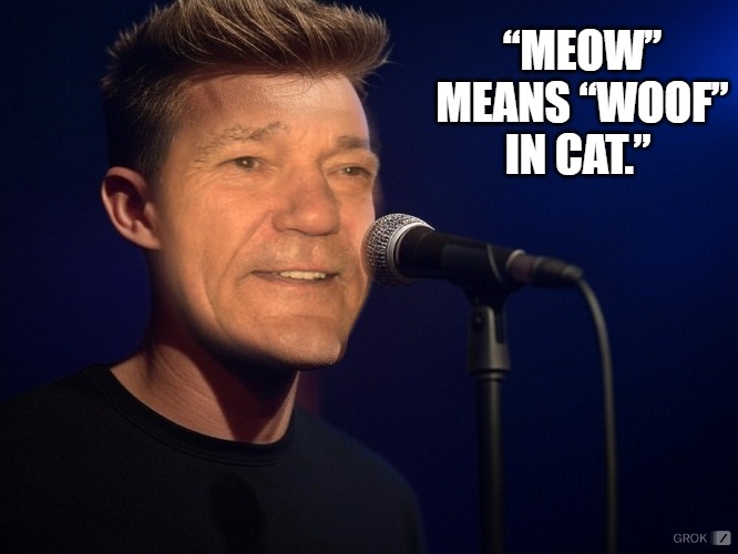 “MEOW” MEANS “WOOF” IN CAT.” | image tagged in kewlew on stage the most handsome man on earth | made w/ Imgflip meme maker