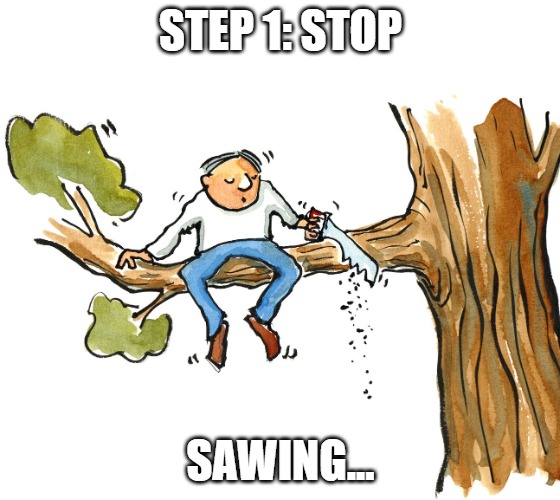 Stop sawing problems dissappear | STEP 1: STOP; SAWING... | image tagged in cutting off branch you are sitting upon jpp | made w/ Imgflip meme maker