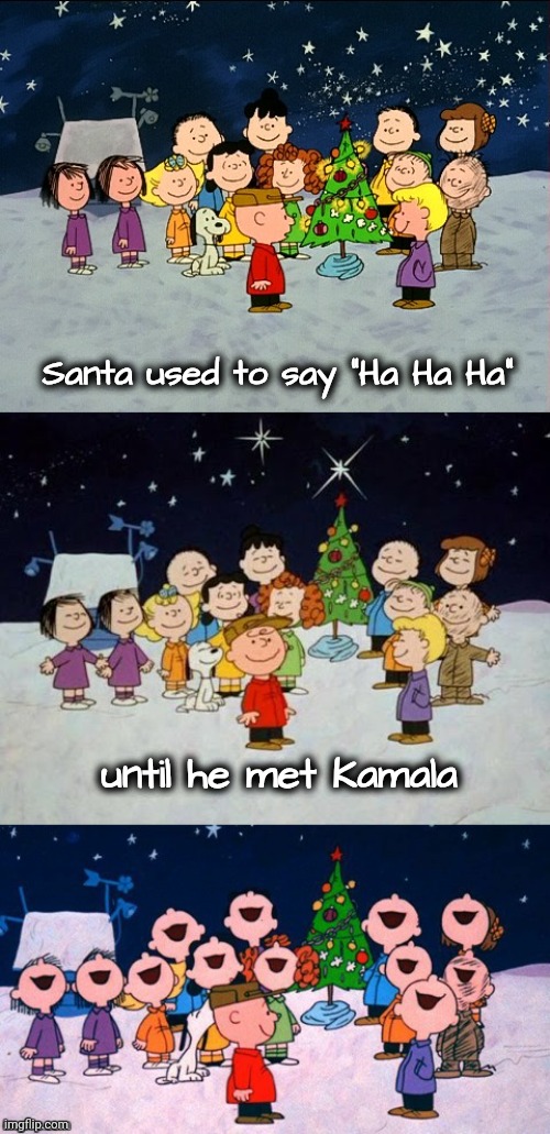 A Charlie Brown Christmas Pun  | Santa used to say "Ha Ha Ha" until he met Kamala | image tagged in a charlie brown christmas pun | made w/ Imgflip meme maker