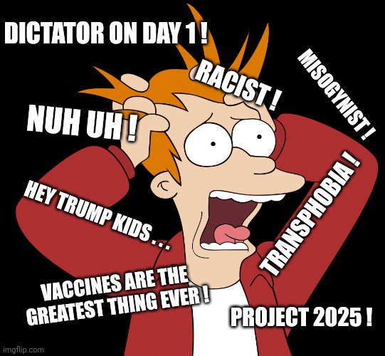 Futurama Fry Screaming | HEY TRUMP KIDS . . . PROJECT 2025 ! DICTATOR ON DAY 1 ! TRANSPHOBIA ! NUH UH ! RACIST ! MISOGYNIST ! VACCINES ARE THE GREATEST THING EVER ! | image tagged in futurama fry screaming | made w/ Imgflip meme maker