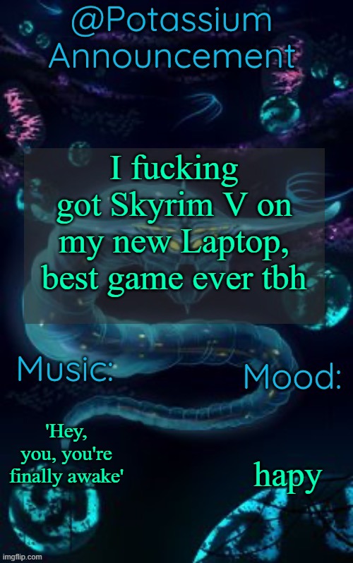 Potassium’s Ghost Leviathan Template | I fucking got Skyrim V on my new Laptop, best game ever tbh; 'Hey, you, you're finally awake'; hapy | image tagged in potassium s ghost leviathan template | made w/ Imgflip meme maker