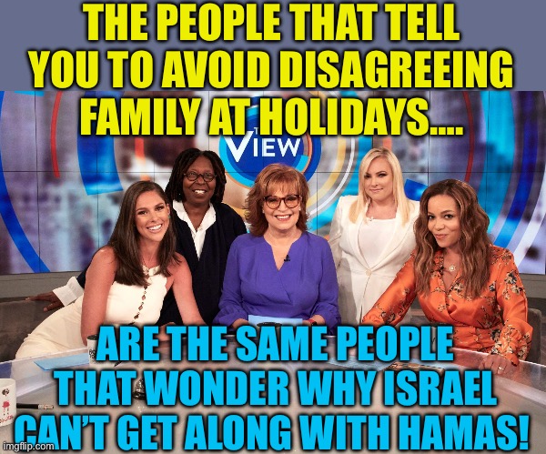 Liberal media hypocrites | THE PEOPLE THAT TELL YOU TO AVOID DISAGREEING FAMILY AT HOLIDAYS…. ARE THE SAME PEOPLE THAT WONDER WHY ISRAEL CAN’T GET ALONG WITH HAMAS! | image tagged in the view,democrats,liberal hypocrisy,division,fake news | made w/ Imgflip meme maker