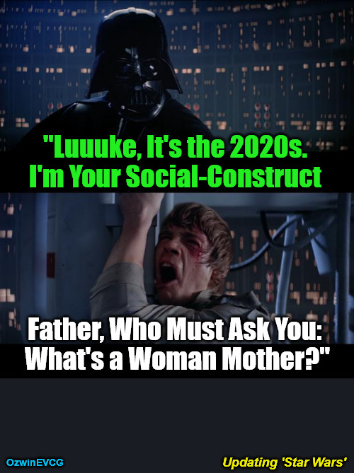 Updating 'Star Wars' | "Luuuke, It's the 2020s. 

I'm Your Social-Construct; Father, Who Must Ask You: 

What's a Woman Mother?"; Updating 'Star Wars'; OzwinEVCG | image tagged in memes,star wars no,woke,liberal logic,clown world,what is a woman | made w/ Imgflip meme maker