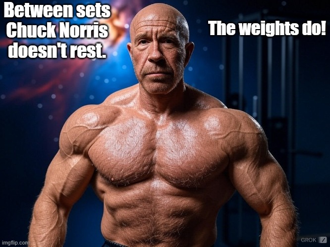 Chuck Norris doesn't rest | Between sets Chuck Norris doesn't rest. The weights do! | image tagged in chuck norris,chuck norris guns,gym,gym memes | made w/ Imgflip meme maker