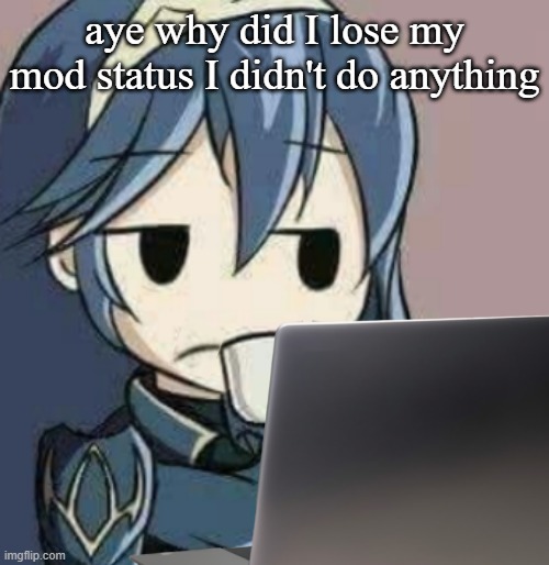 Lucina looking at laptop | aye why did I lose my mod status I didn't do anything | image tagged in lucina looking at laptop | made w/ Imgflip meme maker