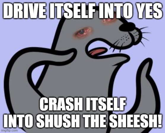 Drive Itself into Yes,Crash Itself into Shush the Sheesh! | DRIVE ITSELF INTO YES; CRASH ITSELF INTO SHUSH THE SHEESH! | image tagged in memes,homophobic seal,meme,davemadson,shush the sheesh,car | made w/ Imgflip meme maker