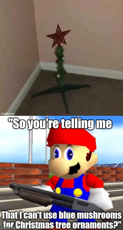 "So you're telling me; That I can't use blue mushrooms

 for Christmas tree ornaments?" | image tagged in smg4 shotgun mario | made w/ Imgflip meme maker