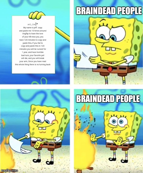 If you ignore stuff, you are braindead | BRAINDEAD PEOPLE; з=(•_•)=ε/̵͇̿̿/'̿'̿ My name is jeff. copy and paste me 10 times around Imgflip to have the love of your life kiss you, you have 120 minutes to copy and paste this, if you fail to copy and paste this in 120 minutes you will be cursed for 1 year, and have horrible bad luck, your favorite pet will die, and you will break your arm, Since you have read this whole thing there is no turning back; BRAINDEAD PEOPLE | image tagged in spongebob burning paper | made w/ Imgflip meme maker