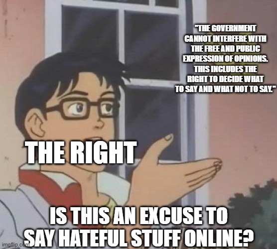 Is This A Pigeon | "THE GOVERNMENT CANNOT INTERFERE WITH THE FREE AND PUBLIC EXPRESSION OF OPINIONS. THIS INCLUDES THE RIGHT TO DECIDE WHAT TO SAY AND WHAT NOT TO SAY."; THE RIGHT; IS THIS AN EXCUSE TO SAY HATEFUL STUFF ONLINE? | image tagged in memes,is this a pigeon,free speech,first amendment,hate speech | made w/ Imgflip meme maker