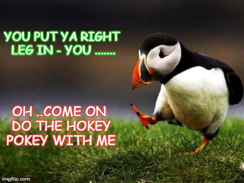 Unpopular Opinion Puffin Meme | OH ..COME ON DO THE HOKEY POKEY WITH ME YOU PUT YA RIGHT LEG IN - YOU ....... | image tagged in memes,unpopular opinion puffin | made w/ Imgflip meme maker