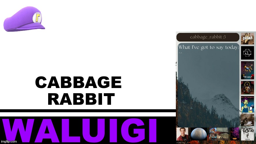 Smash Bros. Ultimate character card | CABBAGE 
RABBIT; WALUIGI | image tagged in smash bros ultimate character card | made w/ Imgflip meme maker