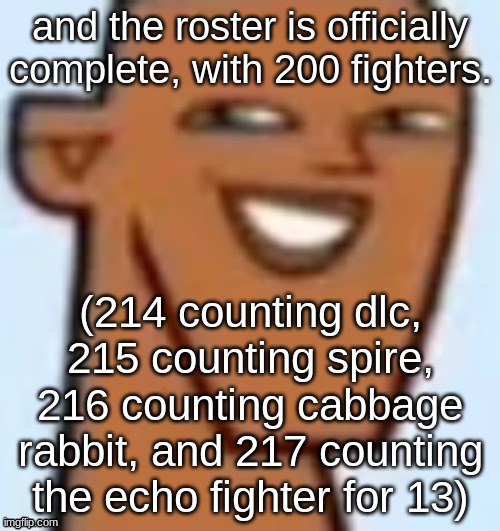 justin | and the roster is officially complete, with 200 fighters. (214 counting dlc, 215 counting spire, 216 counting cabbage rabbit, and 217 counting the echo fighter for 13) | image tagged in justin | made w/ Imgflip meme maker