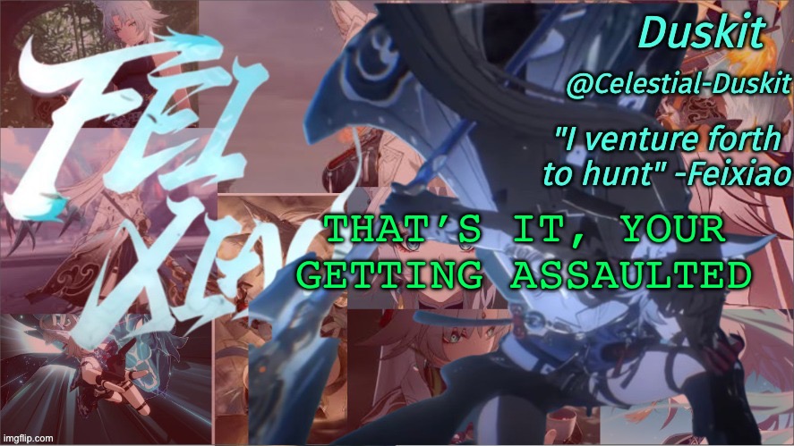 Duskit's Feixiao template | THAT’S IT, YOUR GETTING ASSAULTED | image tagged in duskit's feixiao template | made w/ Imgflip meme maker