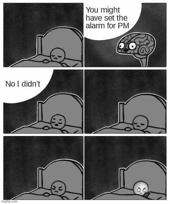 image tagged in comics,sleeping,brain,alarm,pm,check | made w/ Imgflip meme maker