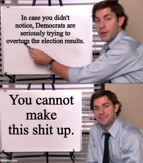 They're desperately trying to revive the debunked "insurrection" claim to disqualify him. "Rules for thee, but not for me." | In case you didn't notice, Democrats are seriously trying to overturn the election results. You cannot make this shit up. | image tagged in jim halpert explains,liberal hypocrisy,election 2020,election 2024,there was no insurrection | made w/ Imgflip meme maker