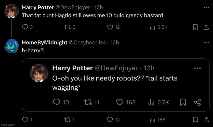 I love these unhinged fictional character parody accounts | made w/ Imgflip meme maker