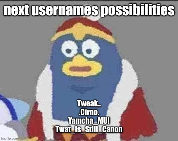 can you dededont | next usernames possibilities; Tweak..
.Cirno.
Yamcha_MUI
Twat_Is_Still_Canon | image tagged in can you dededont | made w/ Imgflip meme maker