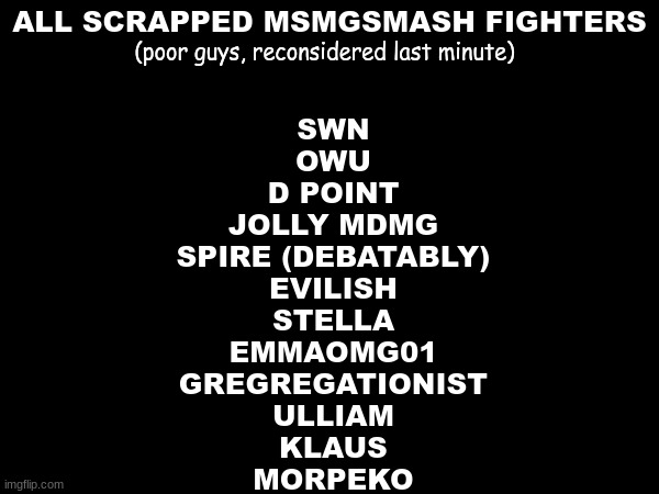 ALL SCRAPPED MSMGSMASH FIGHTERS; (poor guys, reconsidered last minute); SWN
OWU
D POINT
JOLLY MDMG
SPIRE (DEBATABLY)
EVILISH
STELLA
EMMAOMG01
GREGREGATIONIST
ULLIAM
KLAUS
MORPEKO | made w/ Imgflip meme maker