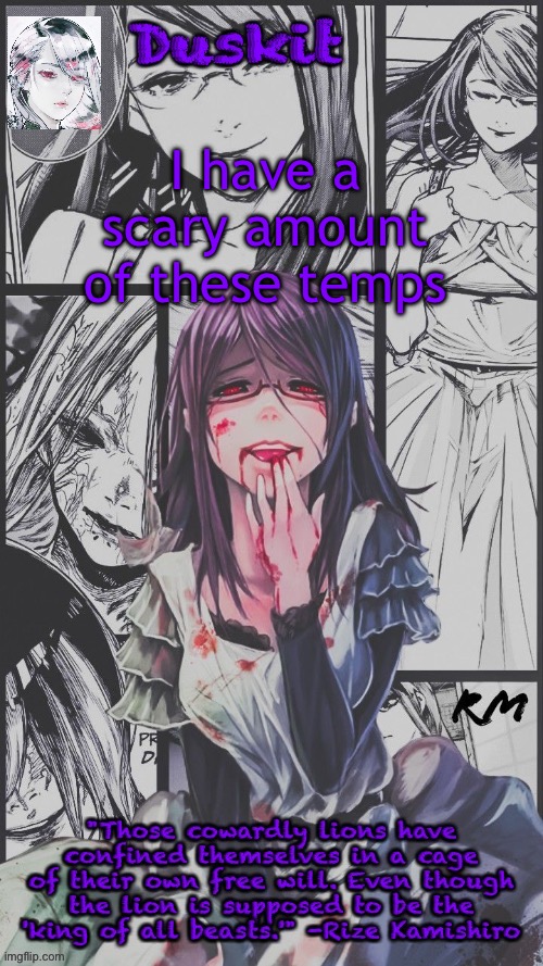 Not enough raphtalia but I guess that’s cus she’s not socially acceptable | I have a scary amount of these temps | image tagged in duskit s rize beloved temp | made w/ Imgflip meme maker