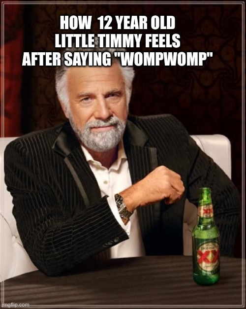 WOMP WOMP | HOW  12 YEAR OLD LITTLE TIMMY FEELS AFTER SAYING "WOMPWOMP" | image tagged in memes,the most interesting man in the world | made w/ Imgflip meme maker