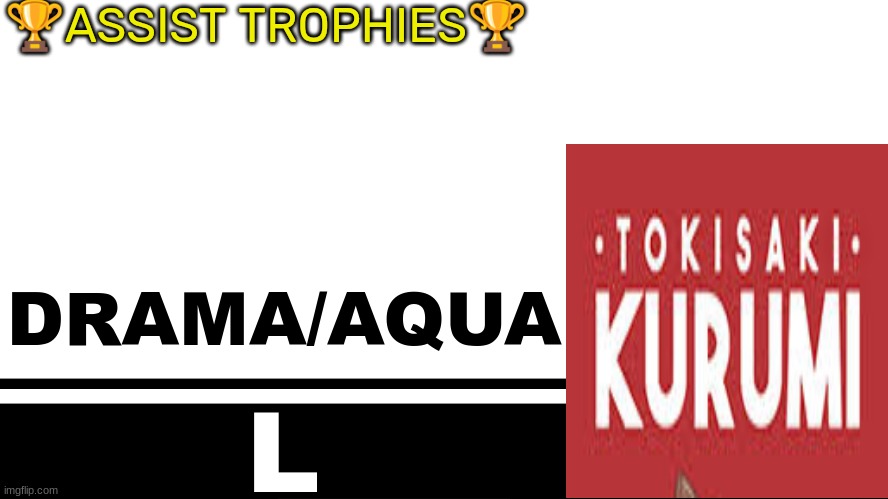 Smash Bros. Ultimate character card | 🏆ASSIST TROPHIES🏆; DRAMA/AQUA; L | image tagged in smash bros ultimate character card | made w/ Imgflip meme maker