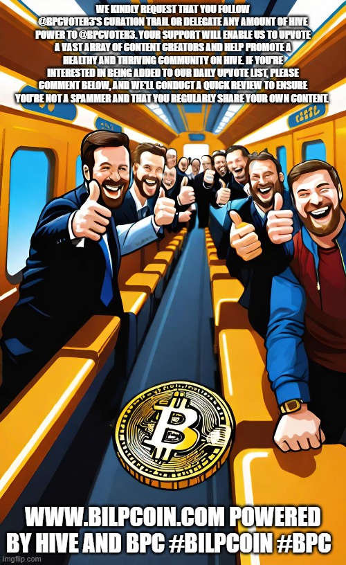 WE KINDLY REQUEST THAT YOU FOLLOW @BPCVOTER3'S CURATION TRAIL OR DELEGATE ANY AMOUNT OF HIVE POWER TO @BPCVOTER3. YOUR SUPPORT WILL ENABLE US TO UPVOTE A VAST ARRAY OF CONTENT CREATORS AND HELP PROMOTE A HEALTHY AND THRIVING COMMUNITY ON HIVE. IF YOU'RE INTERESTED IN BEING ADDED TO OUR DAILY UPVOTE LIST, PLEASE COMMENT BELOW, AND WE'LL CONDUCT A QUICK REVIEW TO ENSURE YOU'RE NOT A SPAMMER AND THAT YOU REGULARLY SHARE YOUR OWN CONTENT. WWW.BILPCOIN.COM POWERED BY HIVE AND BPC #BILPCOIN #BPC | made w/ Imgflip meme maker