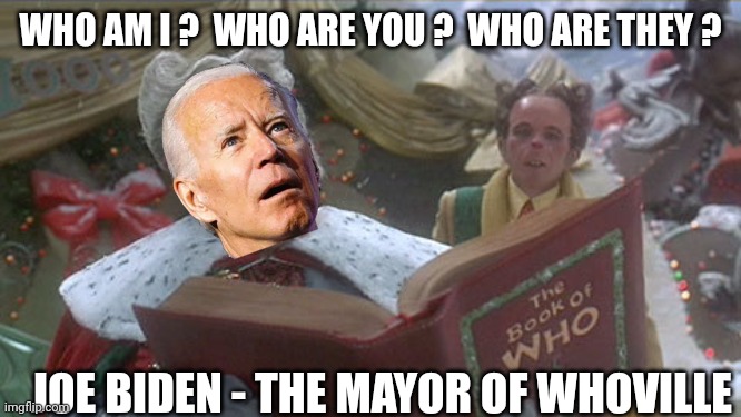 mayor of whoville | WHO AM I ?  WHO ARE YOU ?  WHO ARE THEY ? JOE BIDEN - THE MAYOR OF WHOVILLE | image tagged in mayor of whoville | made w/ Imgflip meme maker