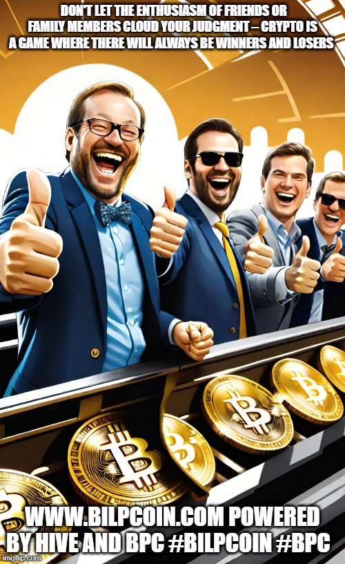 DON'T LET THE ENTHUSIASM OF FRIENDS OR FAMILY MEMBERS CLOUD YOUR JUDGMENT – CRYPTO IS A GAME WHERE THERE WILL ALWAYS BE WINNERS AND LOSERS; WWW.BILPCOIN.COM POWERED BY HIVE AND BPC #BILPCOIN #BPC | made w/ Imgflip meme maker