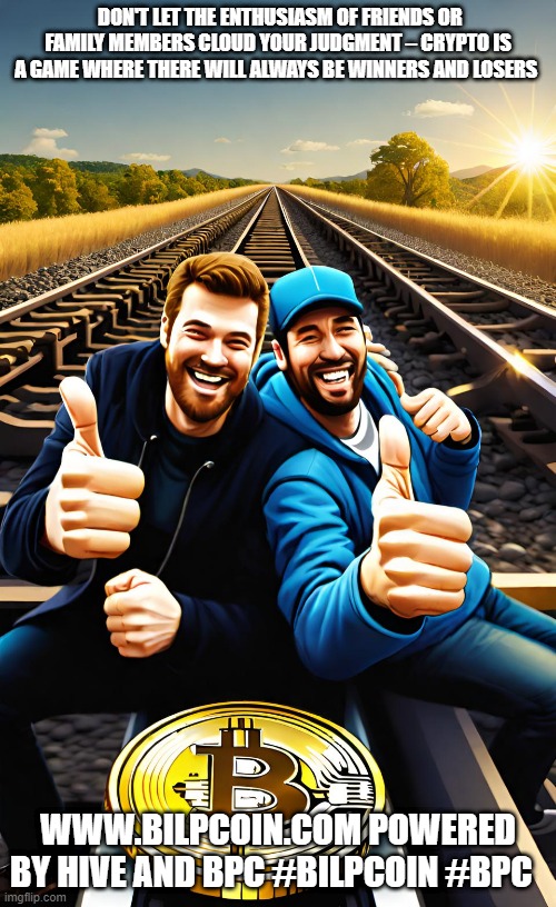DON'T LET THE ENTHUSIASM OF FRIENDS OR FAMILY MEMBERS CLOUD YOUR JUDGMENT – CRYPTO IS A GAME WHERE THERE WILL ALWAYS BE WINNERS AND LOSERS; WWW.BILPCOIN.COM POWERED BY HIVE AND BPC #BILPCOIN #BPC | made w/ Imgflip meme maker