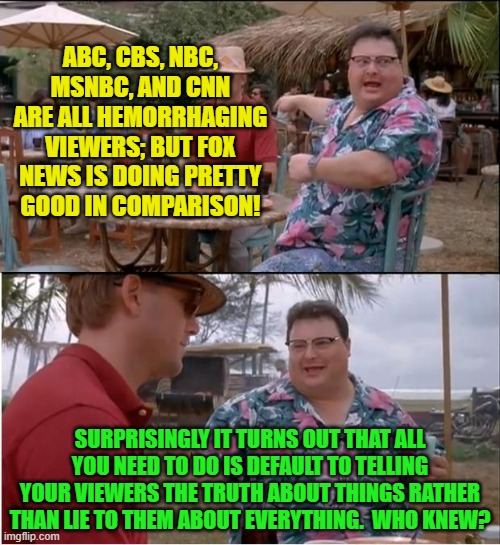 Tell the truth to your viewers?  Leftists media outlets don't have time for that! | ABC, CBS, NBC, MSNBC, AND CNN ARE ALL HEMORRHAGING VIEWERS; BUT FOX NEWS IS DOING PRETTY GOOD IN COMPARISON! SURPRISINGLY IT TURNS OUT THAT ALL YOU NEED TO DO IS DEFAULT TO TELLING YOUR VIEWERS THE TRUTH ABOUT THINGS RATHER THAN LIE TO THEM ABOUT EVERYTHING.  WHO KNEW? | image tagged in see nobody cares | made w/ Imgflip meme maker