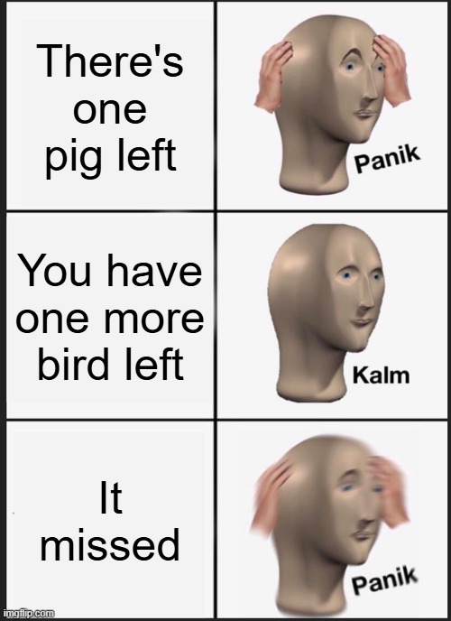 This always happens to me | There's one pig left; You have one more bird left; It missed | image tagged in memes,panik kalm panik | made w/ Imgflip meme maker