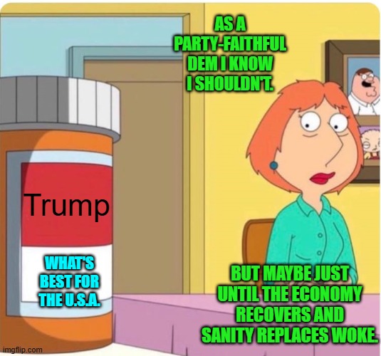 Go ahead Lois; you don't need to tell your leftist masters. | AS A PARTY-FAITHFUL DEM I KNOW I SHOULDN'T. Trump; WHAT'S BEST FOR THE U.S.A. BUT MAYBE JUST UNTIL THE ECONOMY RECOVERS AND SANITY REPLACES WOKE. | image tagged in family guy louis pills | made w/ Imgflip meme maker