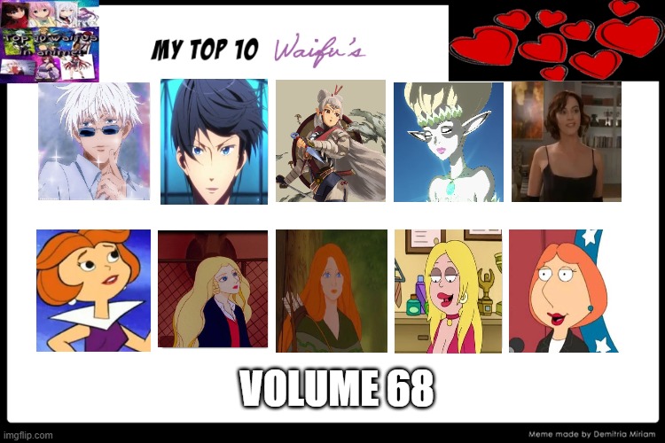 top 10 waifus volume 68 | VOLUME 68 | image tagged in top 10 waifus,anime,cartoons,movies,gaming,gifs sexy hot pretty beautiful gorgeous | made w/ Imgflip meme maker