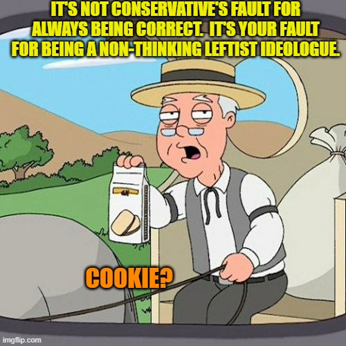 Facts can hurt; but cookies almost always taste good. | IT'S NOT CONSERVATIVE'S FAULT FOR ALWAYS BEING CORRECT.  IT'S YOUR FAULT FOR BEING A NON-THINKING LEFTIST IDEOLOGUE. COOKIE? | image tagged in pepperidge farm remembers | made w/ Imgflip meme maker