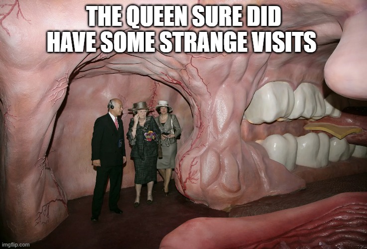 the queen sure did have some strange visits | THE QUEEN SURE DID HAVE SOME STRANGE VISITS | image tagged in cursed image | made w/ Imgflip meme maker