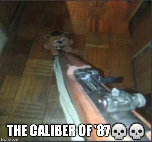 I found the caliber of '87 | THE CALIBER OF '87💀💀 | image tagged in gun pointing at freddy,bite of '87 | made w/ Imgflip meme maker