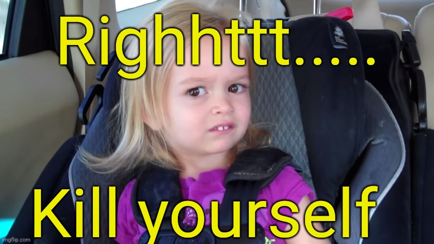 girl in car seat | Righhttt..... Kill yourself | image tagged in girl in car seat | made w/ Imgflip meme maker