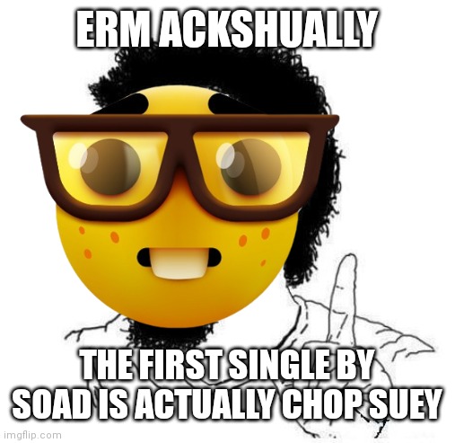 Nerd | ERM ACKSHUALLY; THE FIRST SINGLE BY SOAD IS ACTUALLY CHOP SUEY | image tagged in serj tankian,nerd | made w/ Imgflip meme maker