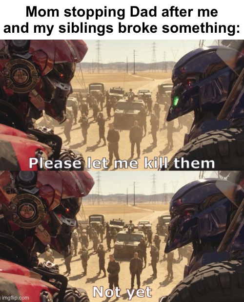 Please let me kill them. Not yet. | Mom stopping Dad after me and my siblings broke something: | image tagged in please let me kill them not yet,transformers,dropkick,shatter | made w/ Imgflip meme maker